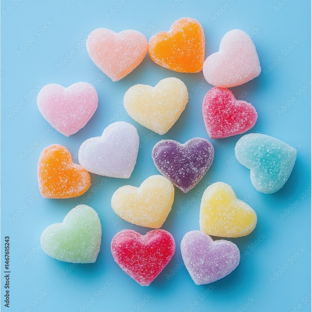 Colorful heart-shaped candies arranged on a light blue background (1) Colorful heart-shaped candies arranged on a light blue background (1)