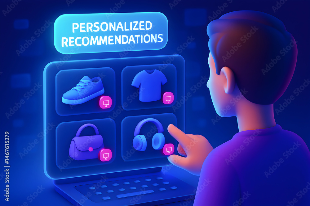 A user engaging with an interactive digital screen showcasing personalized product recommendations, featuring clothing and accessories in a futuristic design.