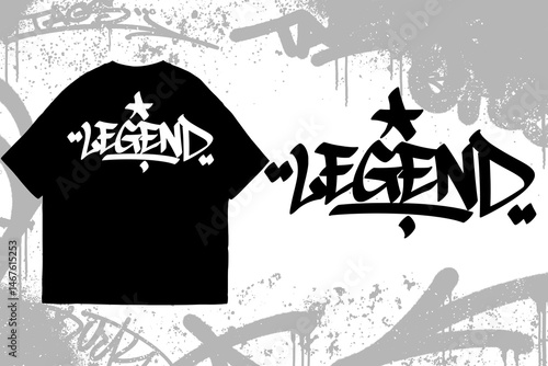 Graffiti tag text “Legend” on t-shirt mockup. Urban street art style, bold hand lettering, spray paint texture. Perfect for streetwear, edgy fashion, and apparel designs.
