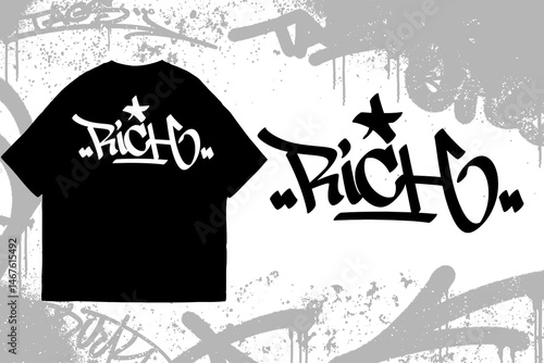 Graffiti tag text “Rich” on t-shirt mockup. Urban street art style, bold hand lettering, spray paint texture. Perfect for streetwear, edgy fashion, and apparel designs.
