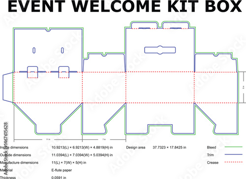Detailed blueprint of an event welcome kit box featuring dimensions and design specifications on a white background.