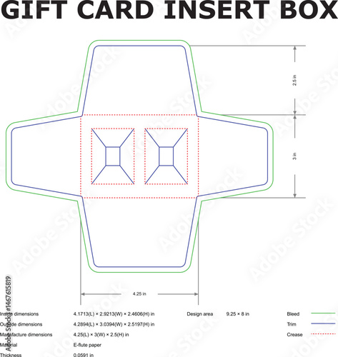 Detailed cut template diagram for a gift card insert box with measurements and design outlines in vector format