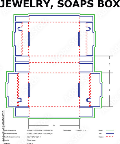 Detailed blueprint of a soap box packaging design with measurements and dimensions for manufacturing purposes