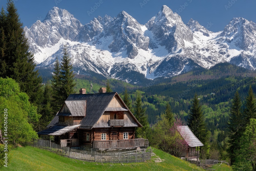 Alpine wooden chalet nestled amidst snow-capped peaks Alpine wooden chalet nestled amidst snow-capped peaks