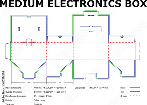 Detailed schematic of a medium electronics box showing dimensions and manufacturing specifications in inches