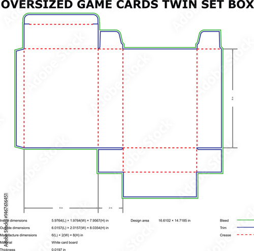Flat template design for an oversized game card twin set box with dimensional specifications and bleed lines for printing.