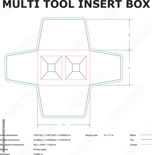 Detailed schematic diagram showing the layout of a multi tool insert box design complete with dimensions and measurements for professional use
