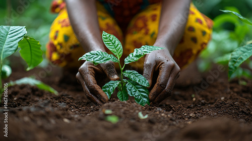 Hands planting a coffee seedling in rich soil.