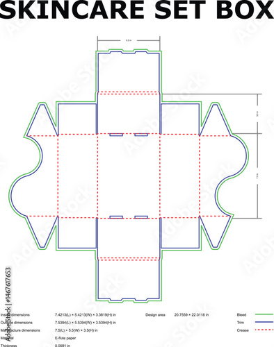 Detailed die cut template for a skincare set box with precise measurements and design specifications for manufacturing
