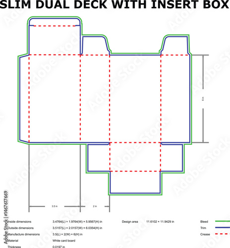 Detailed blueprint design of a slim dual deck insert box packaging template for product assembly and presentation.