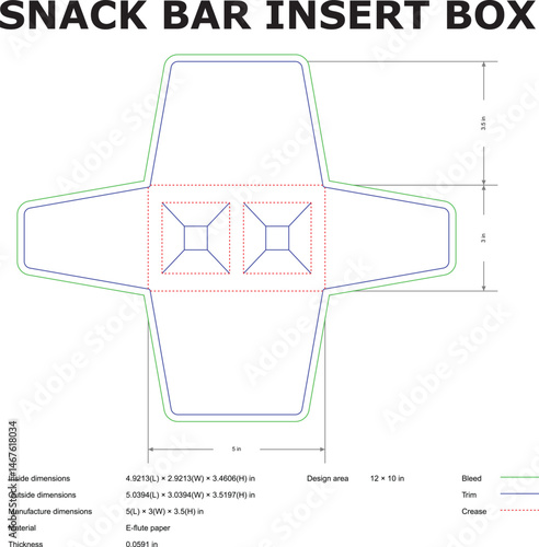 Detailed die cut template for a snack bar insert box with precise dimensions and manufacturing specifications for print.