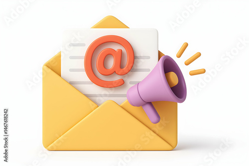 A vibrant illustration of an envelope with a notification symbol and an '@' sign. This design represents digital communication and email notifications in a modern context.