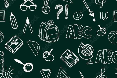 Seamless pattern of several school objects with chalk on green board. Education, knowledge and learning concept, digital image. Vector