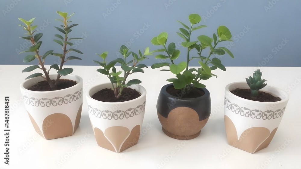 Fototapeta premium Four potted plants in decorative pots on a white table Stylish home decor with greenery