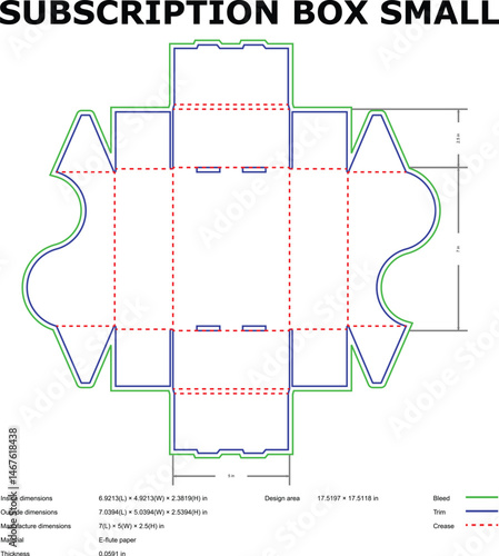 Detailed technical blueprint of a small subscription box packaging design layout with dimensions and specifications