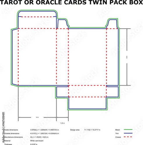 Detailed schematic blueprint illustration of twin pack box for tarot or oracle card decks with measurement information