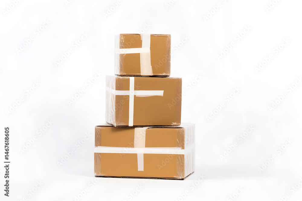 Obraz premium Stacked cardboard packages wrapped with transparent tape isolated over white surface