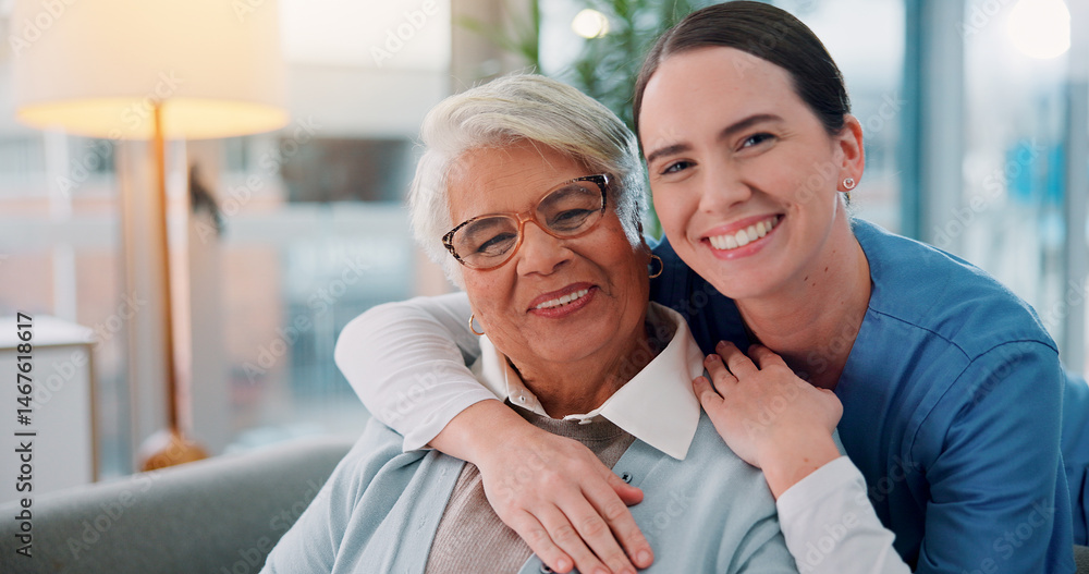 Fototapeta premium Senior, woman and nurse with portrait on sofa for healthcare support, medical service and bonding in retirement home. Elderly person, caregiver and happy for homecare assistance, kindness and embrace