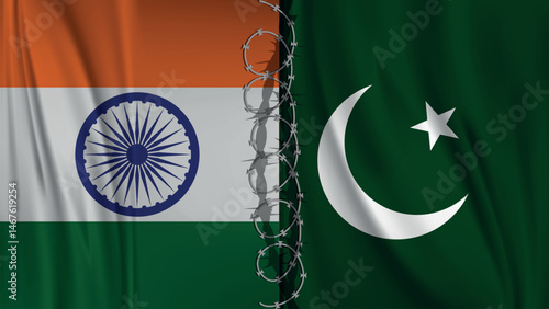 India Pakistan Flags with Barbed Wire Border Separation , India vs Pakistan Military Conflict Image , India vs Pakistan war