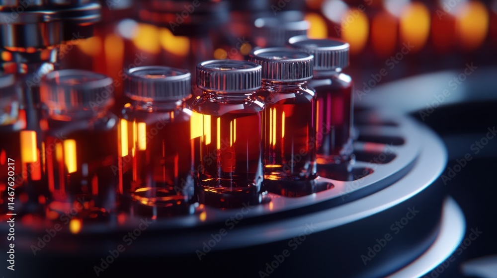 Vials of Red Liquid on a Rotating Display in a Lab Setting Vials of Red Liquid on a Rotating Display in a Lab Setting