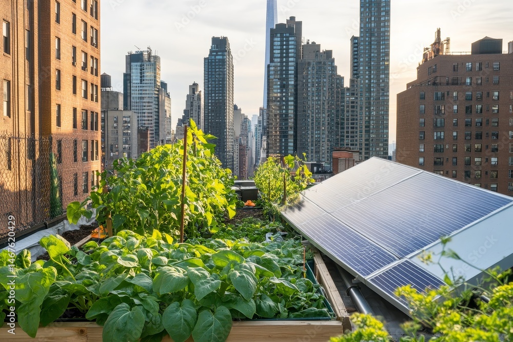 Fototapeta premium Urban rooftop garden with solar panels overlooking a cityscape.