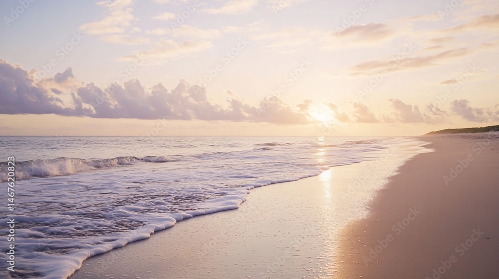 Serene Sunrise on a Sandy Shoreline Reflecting Light on Water Surface Serene Sunrise on a Sandy Shoreline Reflecting Light on Water Surface