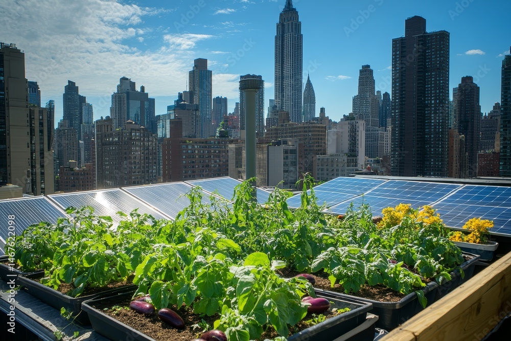 Fototapeta premium Urban rooftop garden with solar panels and city skyline.