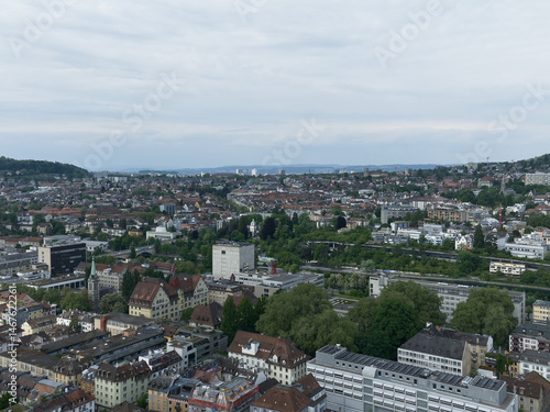 Aerial view of Swiss City of Zurich on a cloudy spring day. Photo taken May 8th, 2025, Zurich, Switzerland.