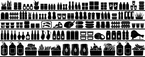 Supermarket shelves. Silhouettes of products in retail shop.