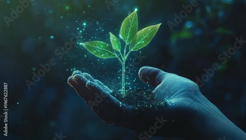 Abstract hand holding a growing plant, a digital technology and big data concept with glowing particles on a dark blue background