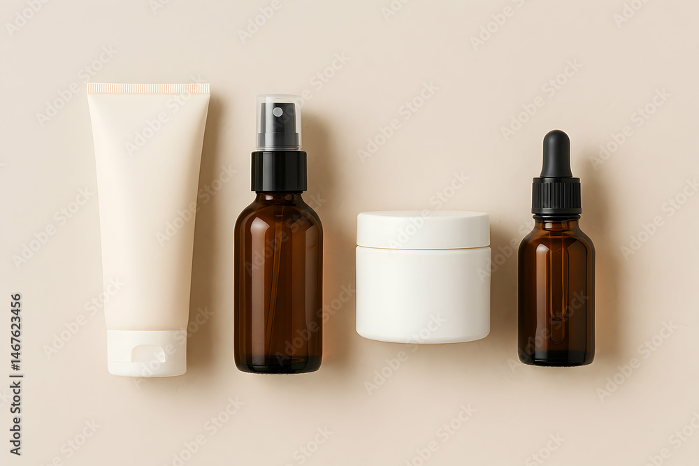 An elegant arrangement of skincare products on a soft beige surface, featuring a tube, spray bottle, jar, and dropper bottle, symbolizing beauty and self-care.