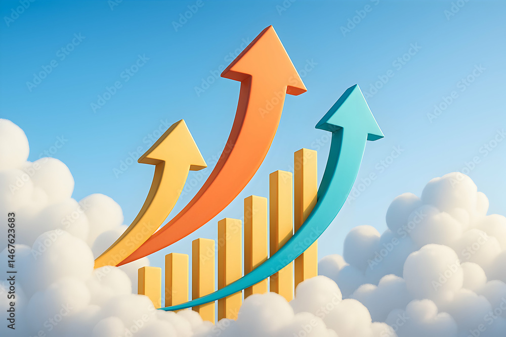 An illustration depicting growth and progress with colorful upward arrows breaking through clouds, symbolizing success and advancement in business performance and analytics.