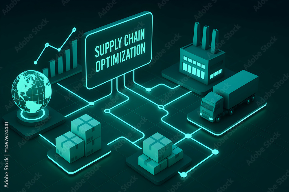 An infographic showcasing supply chain optimization with a globe, factories, trucks, and boxes, represented in a modern digital design emphasizing connectivity and efficiency.