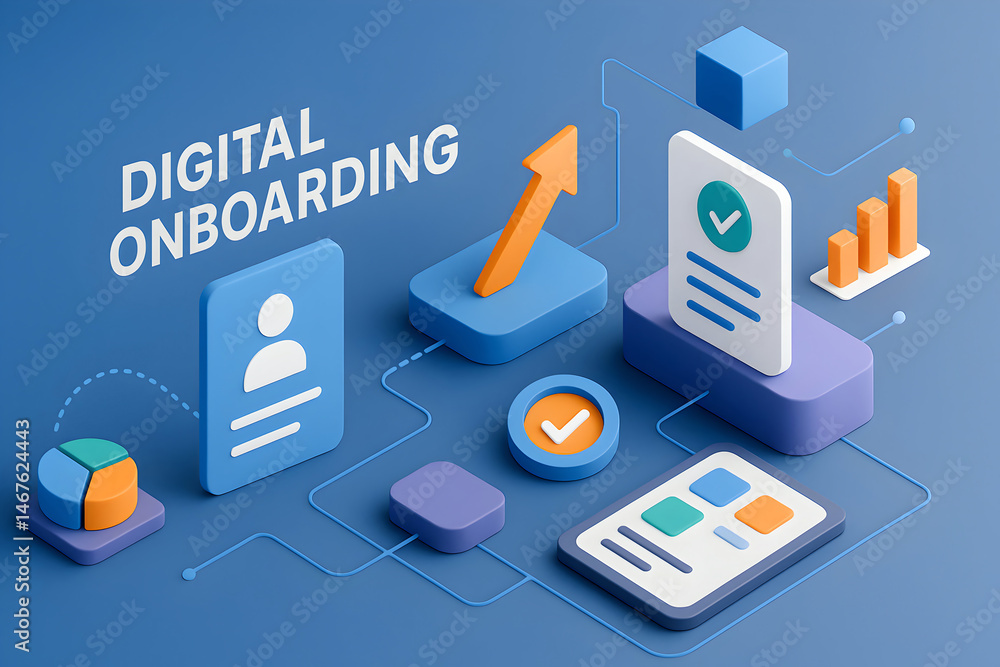 An infographic showcasing digital onboarding concepts through various elements like graphs, checkmarks, and user profiles. Perfect for illustrating modern tech solutions.