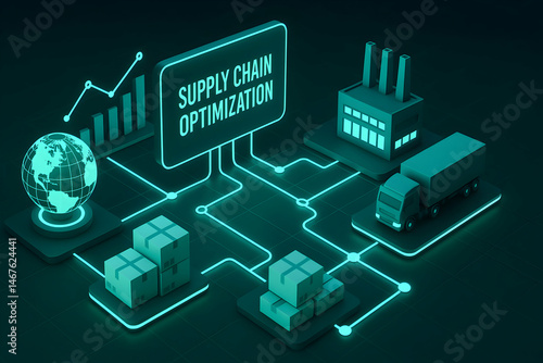 Obraz na płótnie An infographic showcasing supply chain optimization with a globe, factories, trucks, and boxes, represented in a modern digital design emphasizing connectivity and efficiency. w salonie