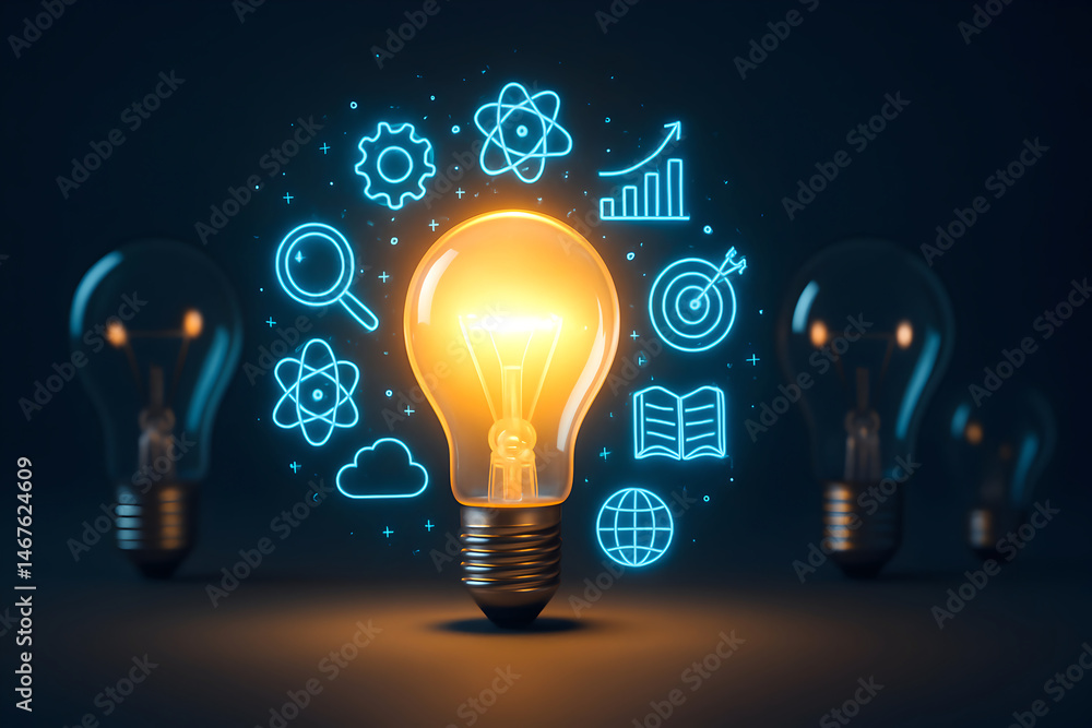 An innovative visual representation of ideas, featuring a glowing light bulb amidst digital icons symbolizing knowledge, growth, and progress in the realm of technology and science