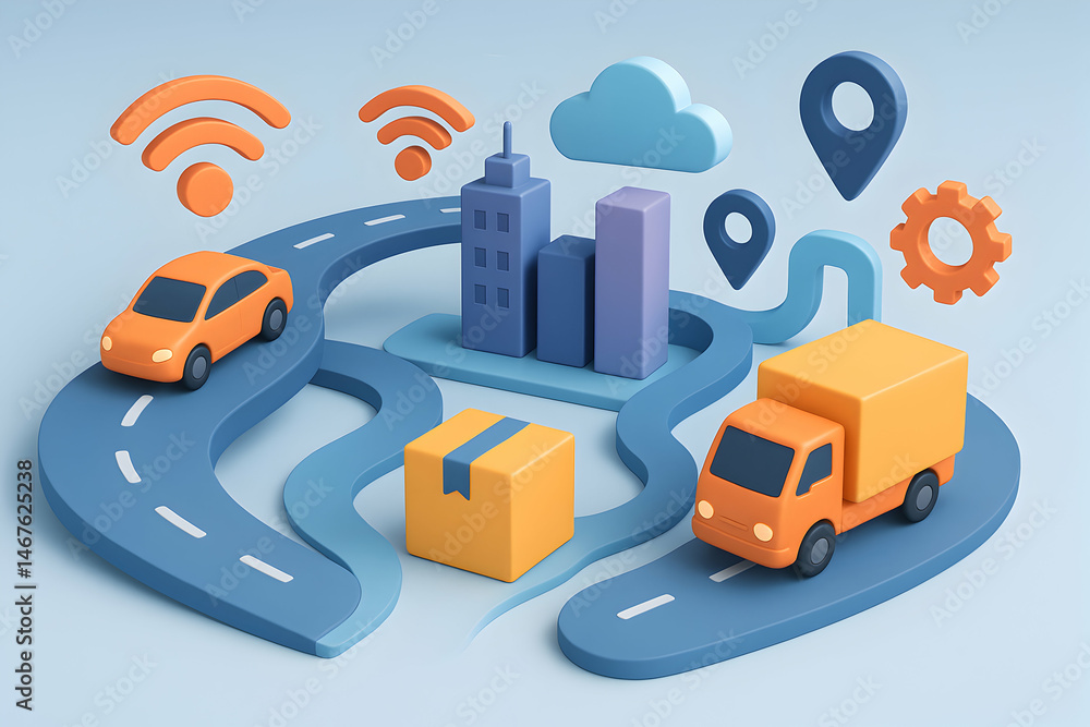 Colorful 3D illustration showcasing modern transport concepts with cars, trucks, and delivery systems, integrating technology like GPS, clouds, and connectivity symbols.