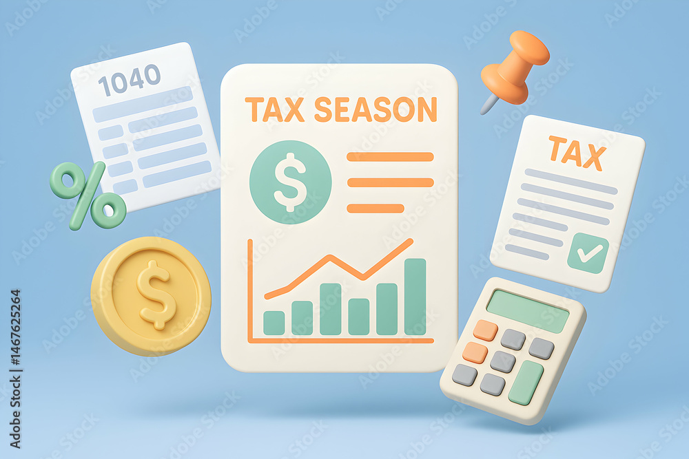 Colorful and informative illustration depicting tax season essentials. Includes tax forms, a calculator, and a coin, symbolizing financial planning and preparation.