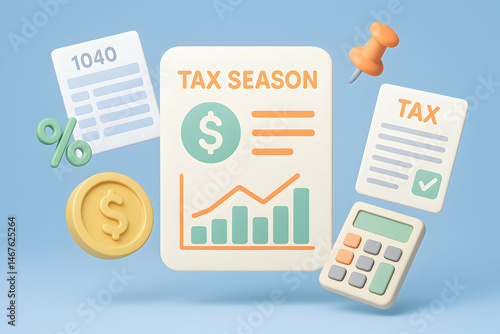 Obraz na płótnie Colorful and informative illustration depicting tax season essentials. Includes tax forms, a calculator, and a coin, symbolizing financial planning and preparation. w salonie