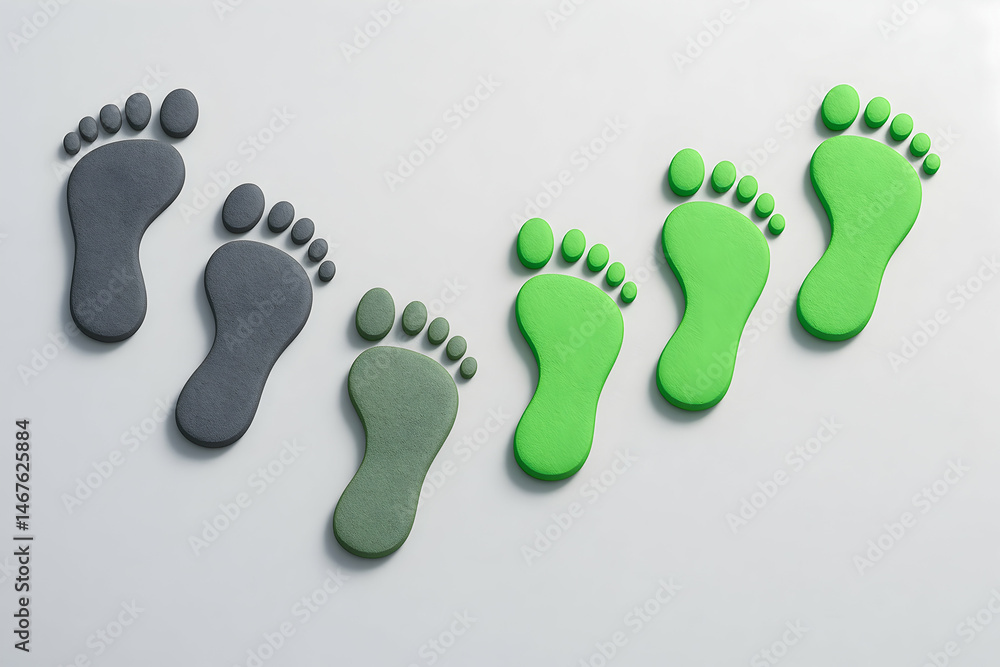Colorful footprints made of eco-friendly materials illustrate a commitment to sustainability. The contrasting colors represent different choices in reducing carbon footprints.