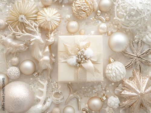 Top View of Glamorous New Year Scene – Artistic Flat Lay Featuring Gold, Sparkle, and Celebration Details, silver christmas balls on silver background