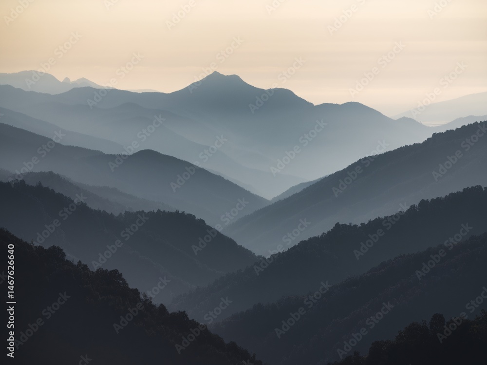 Fototapeta premium Serene landscape of layered mountains in soft blue hues at dawn.