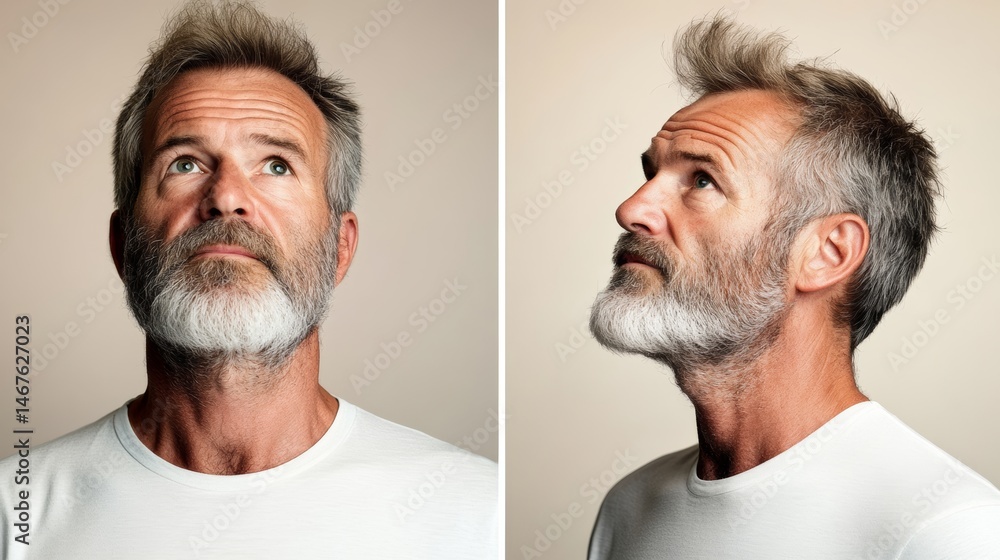Fototapeta premium Two men with beards are standing in front of a white wall, both looking up. The first man is wearing a white shirt and the second man is wearing a white shirt as well