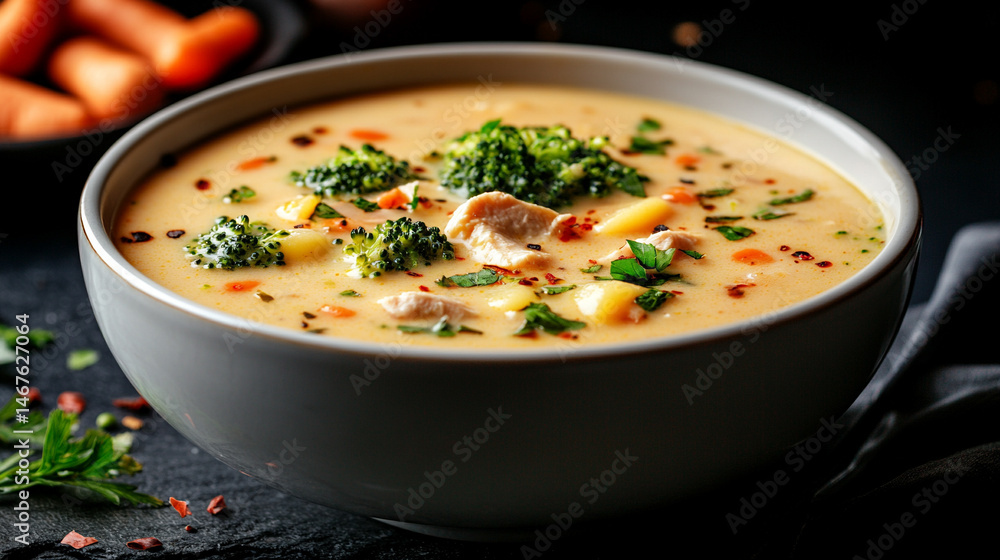 Creamy broccoli and chicken soup served in a white bowl with chunks of potatoes and carrots. Symbolizes comfort, warmth, and homemade nourishment in a hearty and inviting meal presentation.
Creamy broccoli and chicken soup served in a white bowl with chunks of potatoes and carrots. Symbolizes comfort, warmth, and homemade nourishment in a hearty and inviting meal presentation.