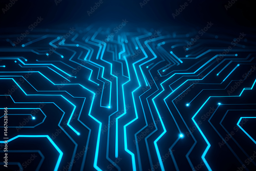 High-tech abstract circuit board design with vibrant blue lines against a dark background, representing innovation and digital connections in modern technology.