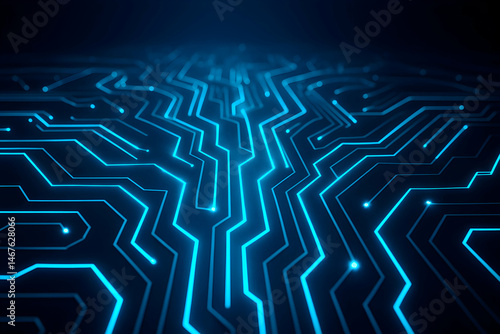 Obraz na płótnie High-tech abstract circuit board design with vibrant blue lines against a dark background, representing innovation and digital connections in modern technology. w salonie