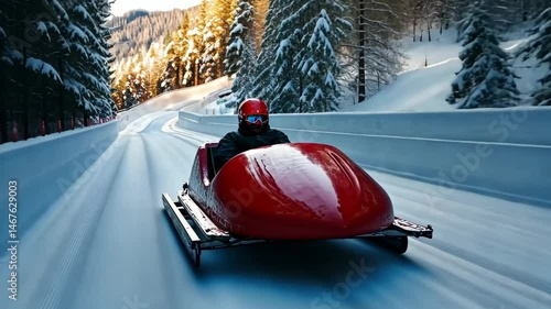 Thrilling bobsled race down an icy track, surrounded by snow-covered pine trees under golden sunlight. Winter sports, action, and adventure video.