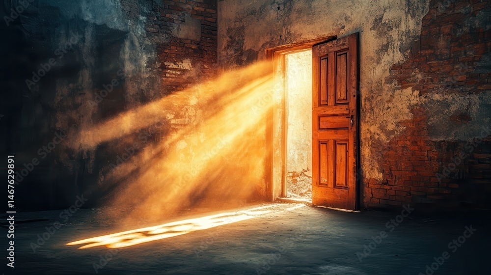 Sunbeams Streaming Through Open Door in Abandoned Building. Sunbeams Streaming Through Open Door in Abandoned Building.