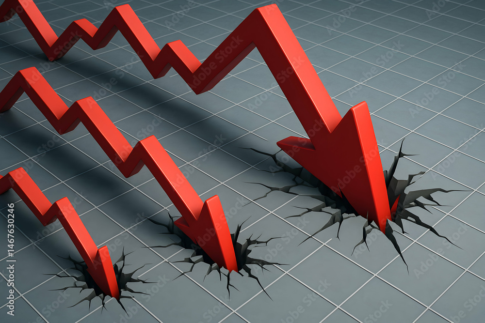 This image depicts three red downward trend arrows puncturing a gray surface, symbolizing market declines or financial losses. The visuals evoke a sense of urgency and concern.