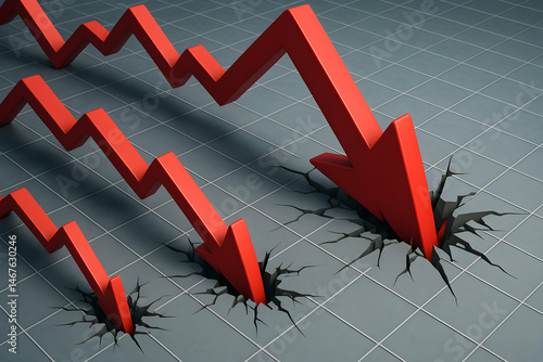 Obraz na płótnie This image depicts three red downward trend arrows puncturing a gray surface, symbolizing market declines or financial losses. The visuals evoke a sense of urgency and concern. w salonie